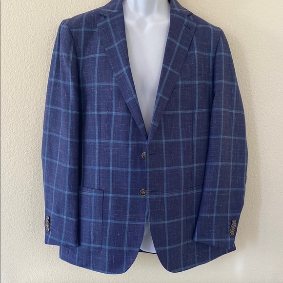 Peter Millar Other - Peter Millar Large Regular Sleeve Blue Plaid Wool, Linen, Silk Blend Blazer